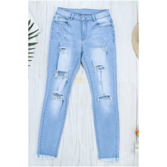 Light wash distressed skinny denim jeans Frayed - Picture 2 of 3